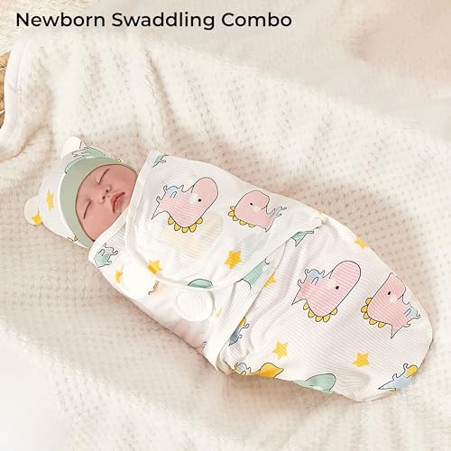 Image of BEMBIKA Newborn Baby Essentials Dress Set Clothing Combo With Swaddle Wrap, Mittens, Cap And Booties- (Dino Print - Set Of 4)