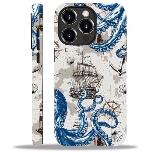 yicomon Compatible with iPhone 14 Pro Case, Seafaring Octopus Pattern Print Matte Phone Case Durable Fashion Funny Liquid Silicone Case Soft Anti-Scratch Shockproof Protective Cover