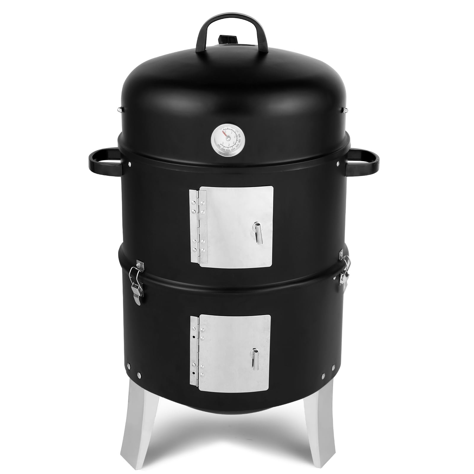 Bonnlo Charcoal BBQ Smoker Grill, 3-in-1 Heavy Duty Barbecue Smoker with Lid, Adjustable Vent, Integrated Thermometer for Outdoor Camping Party, Black