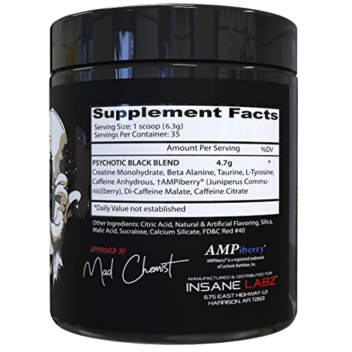 Image of Insane Labz Psychotic Black Edition Mid Stimulant Pre Workout Powder, Energy Focus Pumps, Loaded with Creatine Beta Alanine Taurine Fueled by AMPiberry, 35 Servings (Watermelon)