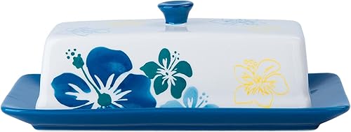 Mantequillera de cerámica con tapa, recipiente para mantequilla, color azul