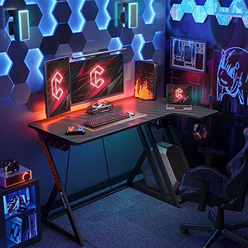 Cubicubi Aurora Gaming Desk With Carbon Fiber Surface, 40 Inch L Shaped Desk With Storage Shelves, Small Corner Computer Desk With Monitor Shelf, Gamer Desk Pc Table, Black #TOP1