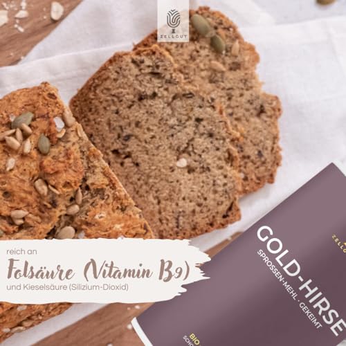 ZELLGUT© Bio Gold HIRSE Sprossen-Mehl 250g • GEKEIMT • Basisch • 100% ROHKOST-QUALITÄT • GLUTENFREI • GEMAHLEN • Aus EU-Bio-Landwirtschaft als MEHL zum BACKEN von Brot, zum kochen, MÜSLI, Smoothie