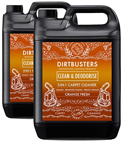Dirtbusters 3 ln 1 Clean & deodorise orange Concentrate 2 X 5 Litres Professional Carpet & Upholstery extraction shampoo solution cleaner With orange Odour Neutraliser reactivating treatment. Suitable For all Carpet Cleaning extraction Machines, safe for wool carpets and rugs, wont affect colours, neutralise pet odor