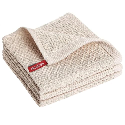 Image of Cotton Kitchen Dish Cloths, 3 Pack Super Absorbent and Lint Free Waffle Weave Dish Towels, Fast Drying Dish Rags for Washing Dishes, 13.4 X 13.4 Inch, Black (Beige, Pack of 3)