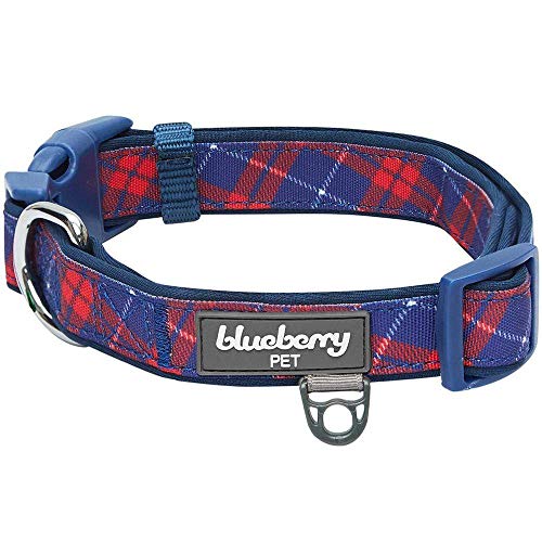 Blueberry Pet Dog Collar, Padded Dog Collar for Large Dogs, Plaid Dog Collar for Large Dogs, Boy Dog Collars, Adjustable Red Plaid Dog Collar, Comfortable Canvas Collar with Silver Hardware