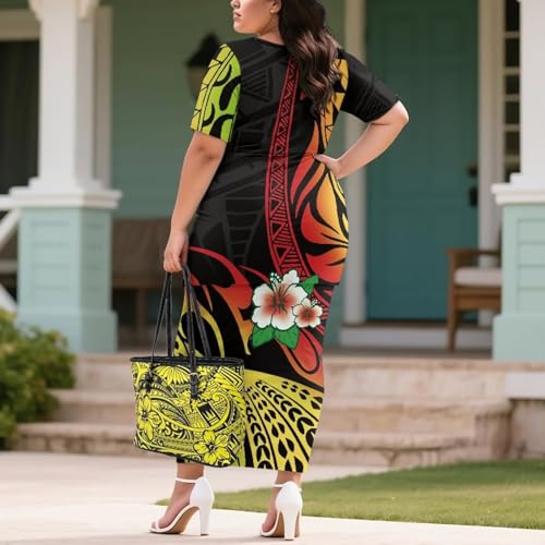 Image of Puletasi Samoan Traditional 2 Piece Outfits for Women Short Sleeve Crop Top and Maxi Skirt Sets Puletasi Dress
