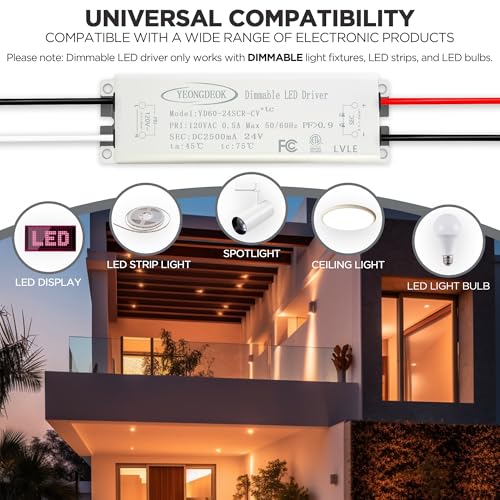 Image of 60W Triac Dimmable LED Driver, 24V 2.5A Power Supply, Electric Transformer, 120V AC to 24V DC LED Strip Light Dimming Converter for Computer Projects, Cabinet Lights