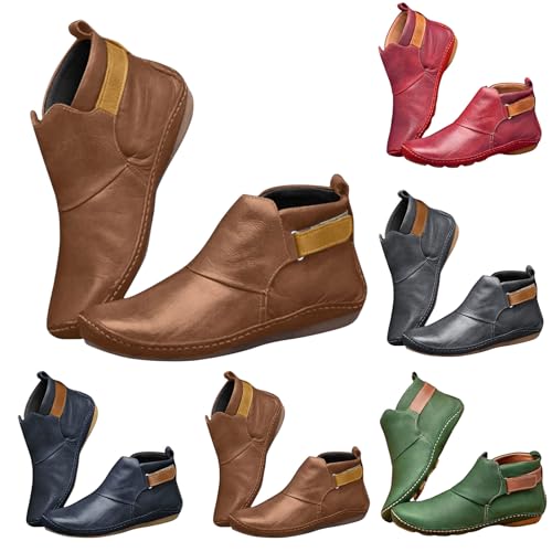 Ankle Boots for Women Fashion Buckle Strap Round Toe Low Wedge Heel Booties, Retro Comfortable Casual Non-Slip Riding Shoes Vintage Leather Flat Heel Booties3
