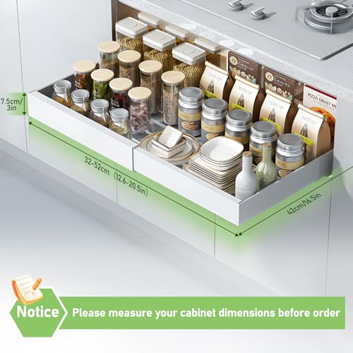 2PCS Pull Out Cabinet Organiser, 32-52cm Extendable Slide Out Kitchen Drawer Adhesive,Upgrade 3-Rails Slide Drawers Storage Shelves with Rail System for Kitchen Base Cabinet Organization - Image 4