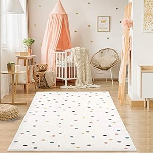 payé Vloerkleed voor kinderkamer, crème, 120 x 160 cm, speeltapijt, kleurrijke punten, laagpolig kindertapijt, Oeko-Tex Standard 100