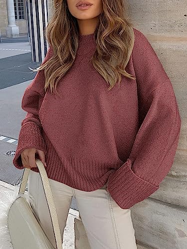 Anrabess Women's Oversized Sweaters 2023 Fall Fashion Trendy Casual Pullovers Crew Neck Long Sleeve Fuzzy Knitted Chunky Warm Comfy Cashmere Tops Preppy Clothes 626Zhuhong-S Fuchsia #TOP2