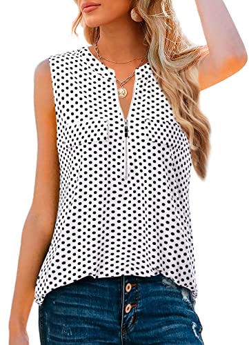 Bulotus Women's V-Neck Casual Tunic Tank Tops Zipper Sleeveless Blouse Shirt, White Polka Dot, XX-Large