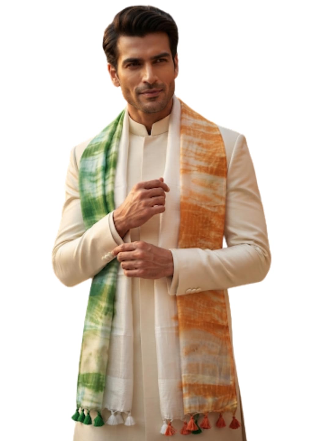 Men's Silk Blend Tricolour Dupatta | Leheriya Dyed Patriotic Stole with Tasselled Border | Lightweight Ethnic Dupatta for Independence Day, Republic Day and Cultural Events (Design 4)-image-44