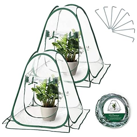 Easy Set-up Mini Greenhouse Pack of 2 Mini Pop up Flower House Backard Garden Plant Cover for Cold Forst Protection PVC Sunshine Room with Stakes and Carrybag (27" L x 27" W x 31" H) Cover