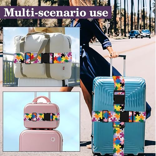 Image of 2 Pack Luggage Straps for Suitcases, Adjustable Travel Belt with Buckle, 2 inch Wide Heavy Duty Suitcase Straps for Summer Vacation, Colorful Puzzle Pattern, Travel Essentials, Multi-Color