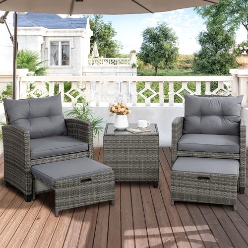 Shintenchi 5 Pieces Patio Furniture Set, Outdoor Wicker Patio Conversation Set with Ottoman, All Weather Rattan Outside Chairs with Coffee Table & Cushion for Porch, Garden, Backyard, Gray - Image 2