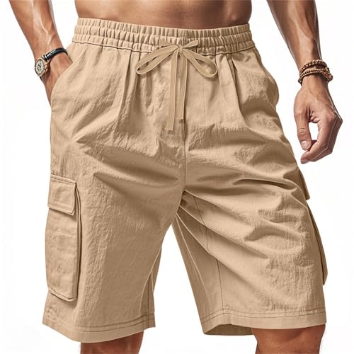 Men's Shorts Casual Cotton Linen Elastic Waist Summer Beach Vacation Shorts with Multi-Pocket