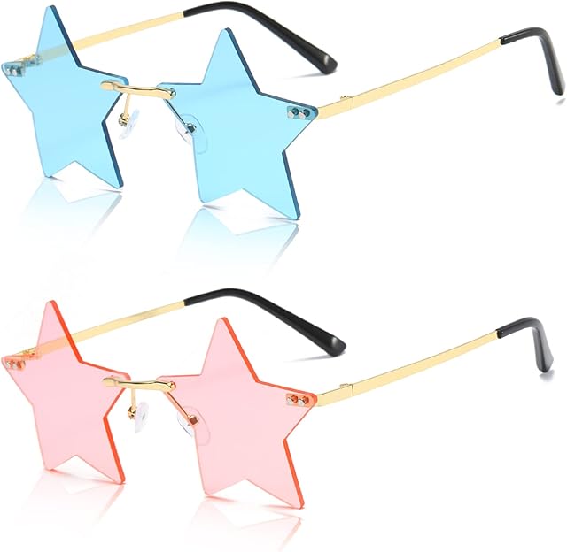 SPOKKI Star Glasses, 2 Pair Star Shaped Sunglasses, Novelty Funky Party Festival Sunglasses for Men Women Beach Photo Feather Boa Accessories