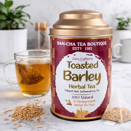 Image of SAN-CHA Tea Boutique, Barley Tea, Caffeine Free Herbal Tea, 25 Pyramid Tea Bags, Toasted Aroma, Natural Anti Inflammatory Tea, Detox Tea - 25 Gram