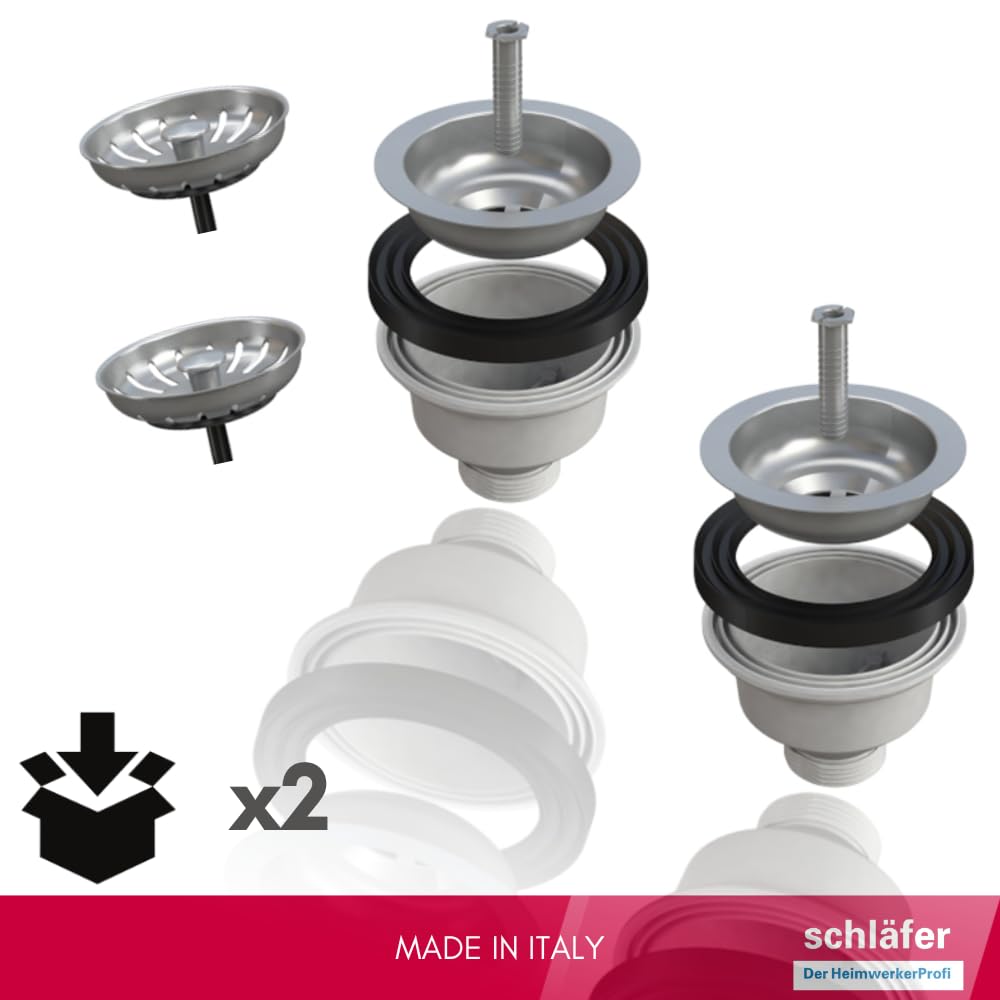 Schläfer | Lot de 2 Bondes à Panier Évier Cuisine Ø 90 mm - Vidage Manuel Sans Trop-Plein - 439726.02 - Grille Inox Ø 114 mm & Corps Recyclé - Sortie 1 1/2" (40/49) - Made in Italy