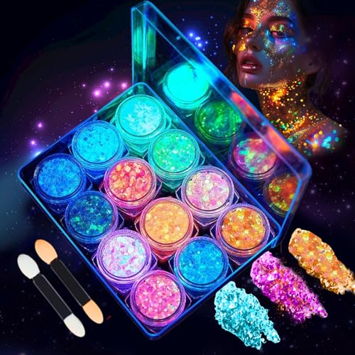 12 Couleurs Maquillage Paillettes Set, Lumineuse Paillettes Gel, paillettes visage festival pour Visage, Corps, Cheveux, Mascarade, Halloween, Fête, Noël