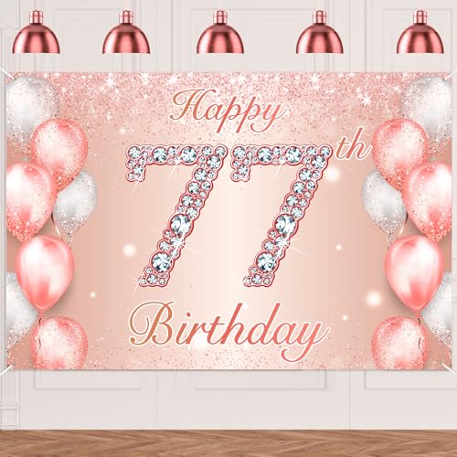 Image of Happy 77th Birthday Rose Gold Banner Cheers to 77 Years Old Backdrop Confetti Balloons Theme Decor for Women 77 Years Old Pink Birthday Party Decorations Bday Supplies Background Favors Gift Glitter