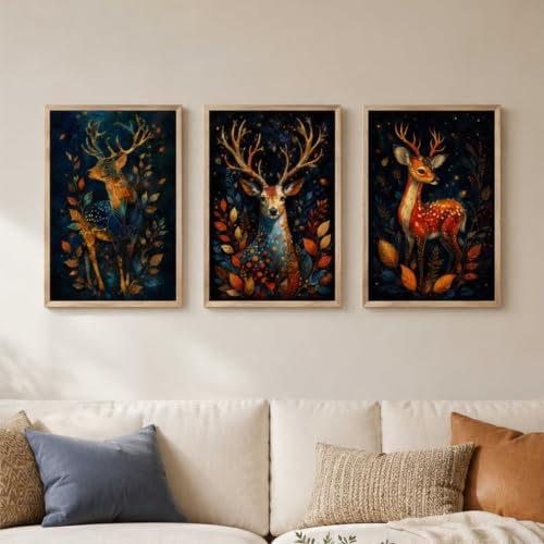Image of Livin'luxe Set of 3 Deer Forest Wall Paintings for Living Room Bedroom Hallway Home Decor with Premium Wooden Color Synthetic Frame (13.5 x 19.5 Inch) NM03-76