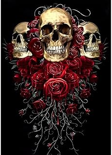 MXJSUA Diamond Painting Skull Kits, 5D Diamond Painting Kits for Adults Beginner, 5D Diamond Art Skull Kits Adults Red Rose Flower Diamond Picture Arts Halloween Skull Gem Arts 30x40cm for Decoration