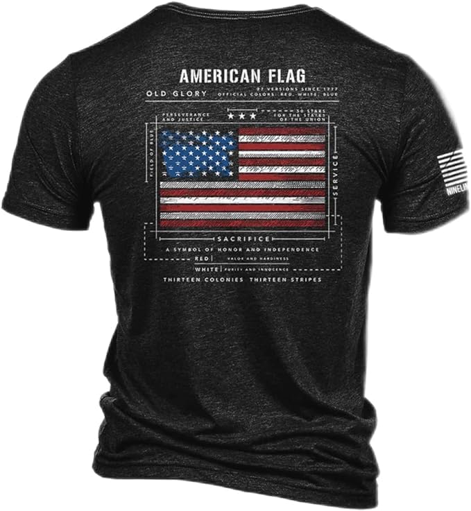 Nine Line Flag Schematic Triblend T-Shirt - Dropline Logo and American Flag - Old Glory Unisex Patriotic Shirt