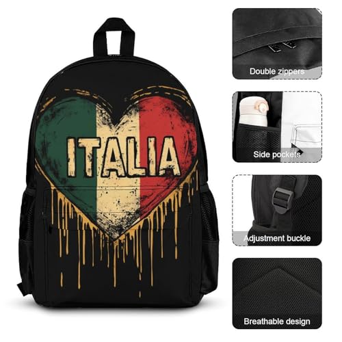 Italian Flag Vintage Italy Love Flow Backpack 3 Set with Lunch Bag Insulated Shoulder Meal Tote Bags Pencil Case Box Casual Daypack3