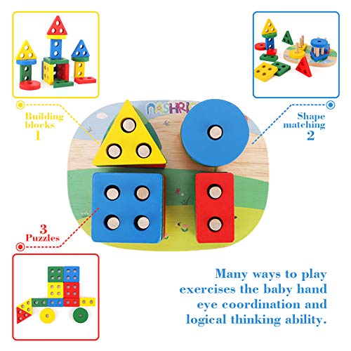 NASHRIO Wooden Educational Preschool Toddler Toys Shape Color Sorting and Stacking Blocks for Age 1 2 3 Boys and Girls