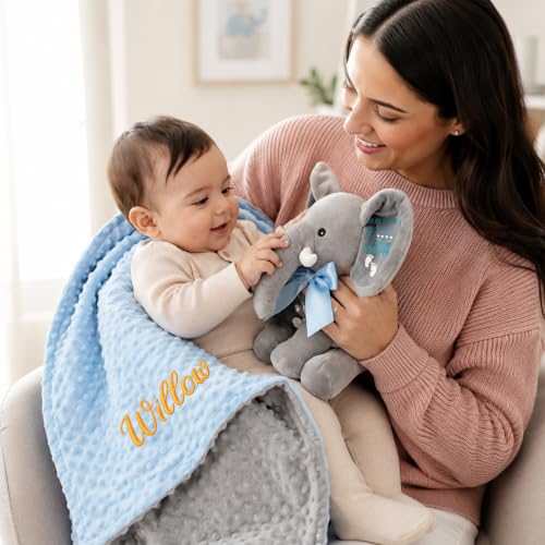 Image of Personalized Baby Blanket with Elephant Set for Baby Boy Gifts | Custom Baby Blanket with Name, Customized Blankets & Elephant Gift Set for Birthday, Flannel Dot Swaddle Gift for Baby Shower