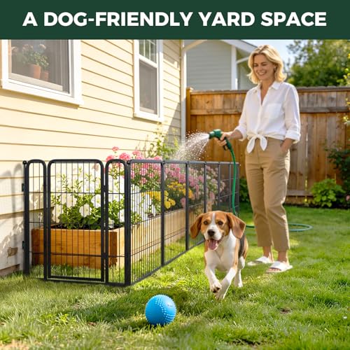Image of FXW Garden Fence Outdoor for the Yard - 32in(H) x 18.2ft(L) Heavy Duty Metal Animal Barrier for Dog, No Dig Decorative Dog Fence with Fence-to-Wall Anchor (Pack of 4), 8 Panels, Black