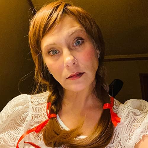 SiYi Halloween Costume Wig for Women,Horror Doll Style, Long Brown Braided Accessories,Cosplay Wig with Red Bows