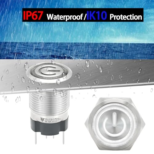Image of UL Listed 15Amp 16mm Latching Push Button Switch 12V-24VDC IP67 Waterproof; SPST 1NO, with LED Angel Eye Light; Stainless Steel 304 with Wire Socket White