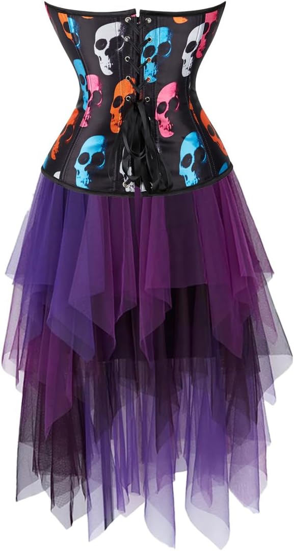 Jutrisujo Women's Corset Dress Overbust Bustier Top Skull Basque Gothic Showgirl Costumes Plus Size Black