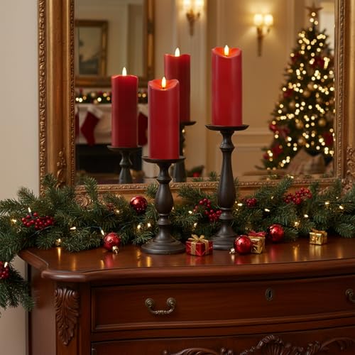 Image of Homemory Burgundy Flameless Candles, Waterproof Flickering Candles, Outdoor Battery Operated LED Pillar Candles with Remote Timer, Electric Fake Plastic Candles, Red, Christmas Decor, 3 inch x 8 inch8 inch