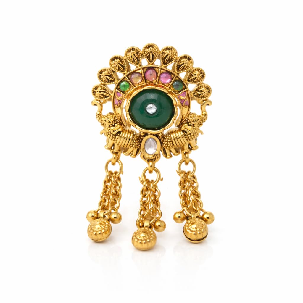 Gold Plated Antique Kashmiri Ring with Green Stone Kundan and Latkan Adjustable Brass Statement Jewellery-image-40