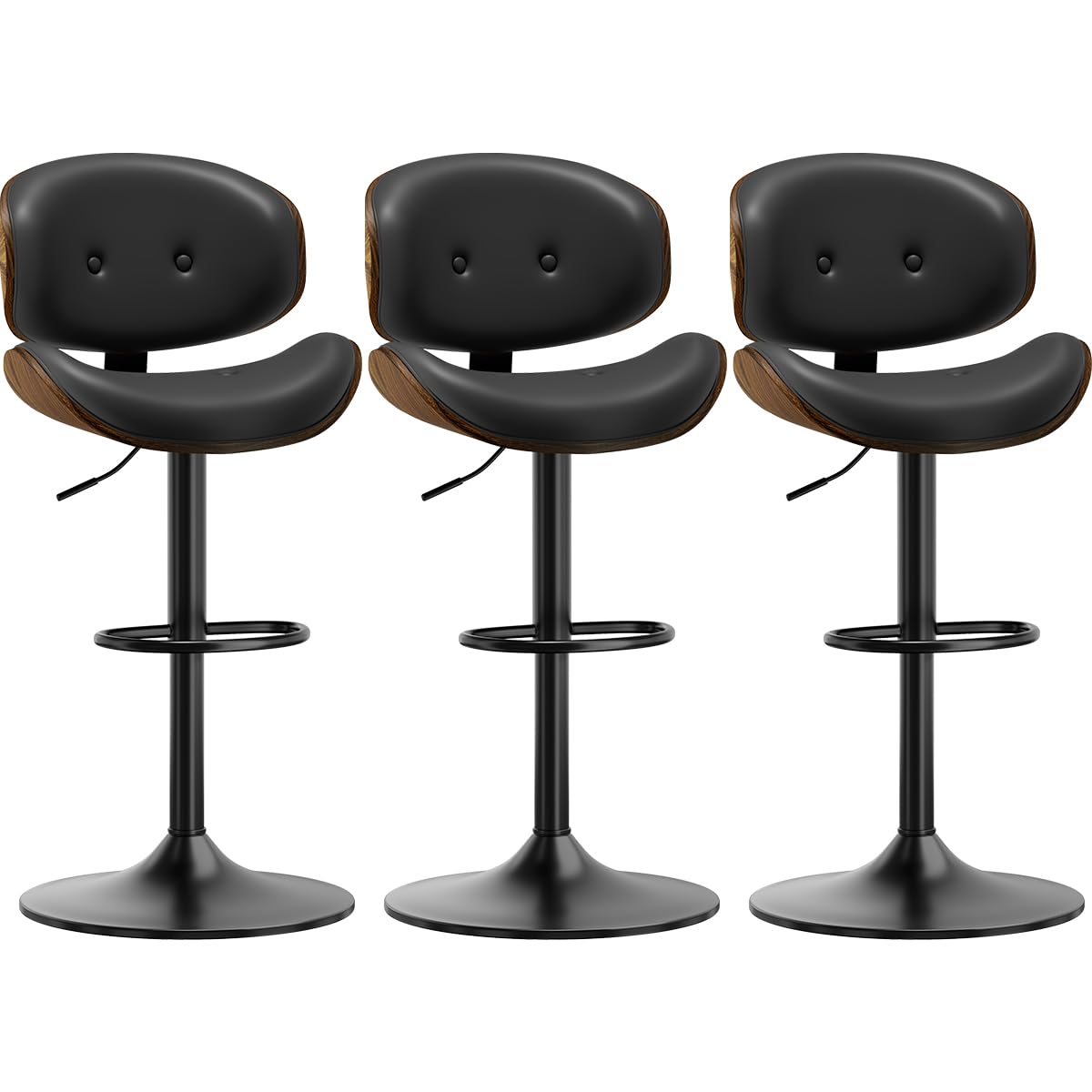Adjustable Swivel Bar Stools Chair,Counter Height Bar Stools with Back,350 LBS PU Leather Bar Stool for Kitchen Island,Upholstered Pub Stools with Footrest (Black, Set of 3)
