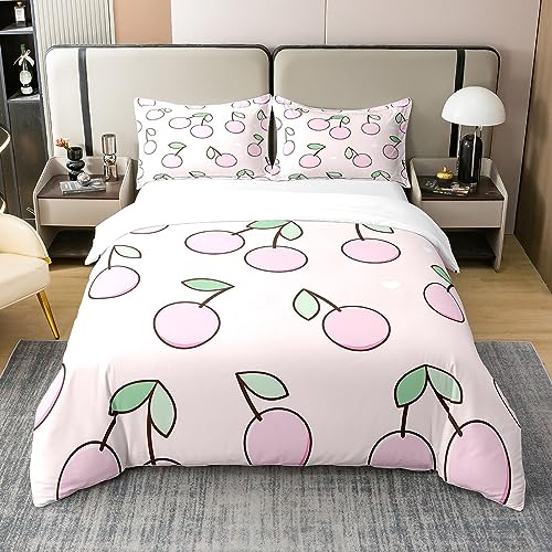 Homewish Pink Cherry 100% Cotton Duvet Cover Single,Kawaii Summer Tropical Fruits Bedding Set,Cartoon Cute Cherries Comforter Cover,Farmhouse Rustic Bed Sets with 1 Pillowcase Bedroom Decor Soft