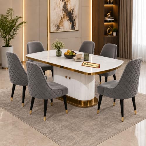 Image of 6-Seater Modern Elite Opal Storage Wooden Dining Table Set | 2 Year Warranty | Created Italian Statuario Marble Top | Elegant Composite Marble Table with 6 Chairs (Dark Gray)