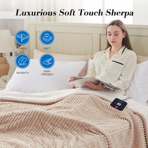 Westinghouse Twin Size Electric Blanket, Flannel to Sherpa Reversible Heated Blanket Twin with 10 Heating Levels & 1-12 Hours Auto Shut Off, Fast Heating & Machine Washable, 62x84 Inch, Beige