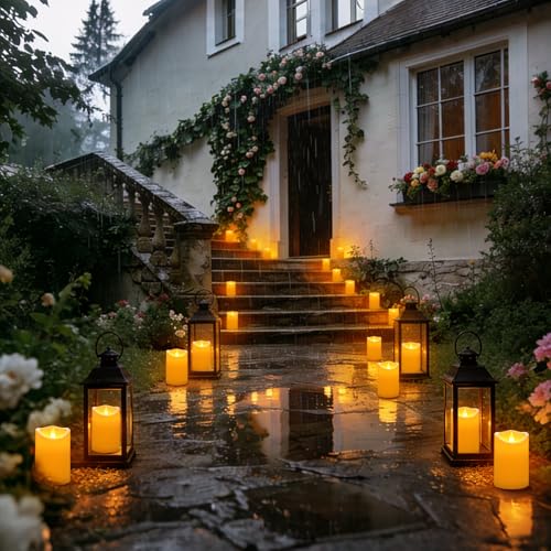 Image of Flameless Candles 4 inch 5 inch 6 inch Set of 6 Outdoor Indoor Pillars Battery Operated Flickering Candles Include 8-Key Remote Timer Function, Ivory Fake Plastic Candles for Wedding, Aniversary,Christmas Decor