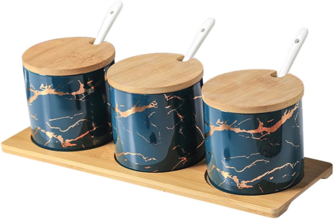 Ceramic Seasoning Canister Set with Lids and Spoons, Emerald Marble Pattern, 3pcs Spice Container for Kitchen Storage and Condiment Organization