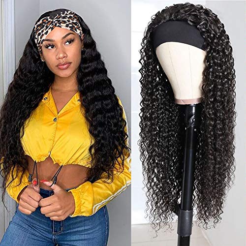 Pobokix Human Hair Pixie Cut Wigs Short Wigs with Bangs 150% Density Virgin Brazilian hair Short Layered Wavy Wigs for Black Women (24inch, Headband deep wave)