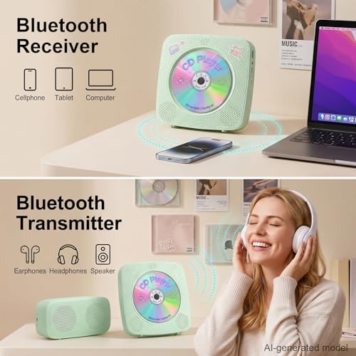 Image of Gueray Portable CD Player Bluetooth: CD Players for Home Rechargeable Desktop Wall Portable CD Player with Bluetooth & Dual Speakers 1800mAh Boombox FM Radio MP3 Music Player (Green)