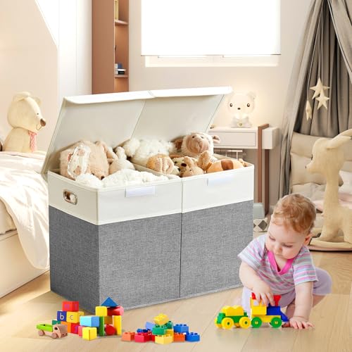 Image of Large Toy Storage Box with Lid, Collapsible Toys Storage Organizer Bins with Dividers and Handles, Storage Chest Bin for Kids, Boys, Girls, Nursery 25 inchx13 inch x16 inch (Gray & White)