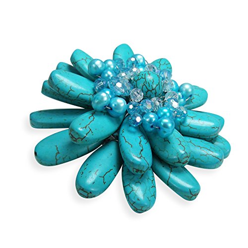 Image of AeraVida Floral Pin Water Lily Design with Simulated Turquoise and Cultured Freshwater Pearls Handmade Brooch Nature Inspired Jewelry Gift for Women