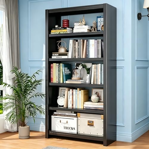 Image of 69 inch Tall Bookshelf, Industrial Bookcase, Easy Assembly, Black | Heavy Duty Metal, 5 Tier Display Storage Shelves, For Home Office, Living Room, Study